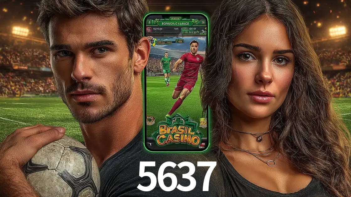 Homem segurando uma bola de futebol e uma mulher ao lado de um smartphone exibindo o jogo de apostas esportivas da 5637. Faça seu palpite no cassino online.